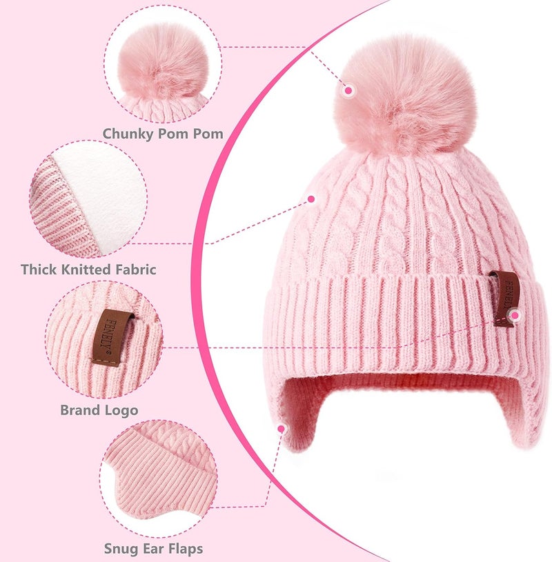 FENELY Girls Boys Winter Hat 3-12, Children's Warm Knitted Earflaps Beanie with Pom Pom Thicken Fleece Lining Cap for Kids - Image 5